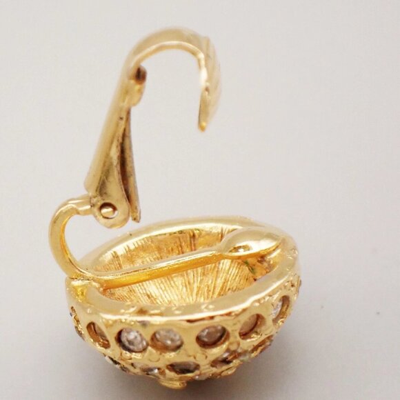 CHANEL CC Logo Rhinestone Round Button Earrings Clip-On Gold Vintage - Picture 7 of 16